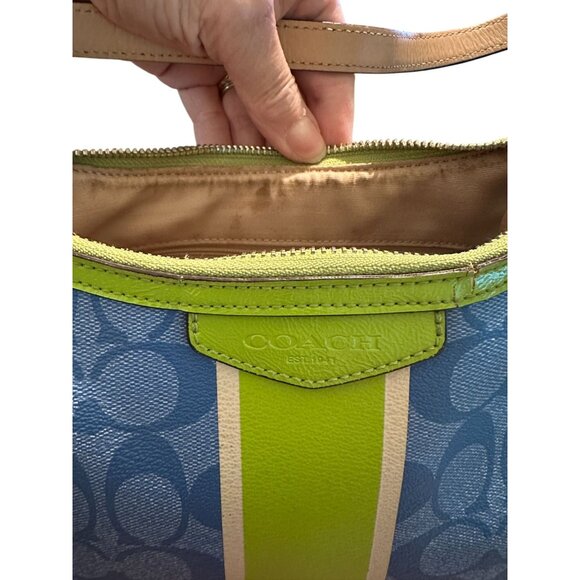 Coach Signature Stripe Shoulder Baguette Demi Bag Blue Lime Green F29942 - Picture 15 of 15